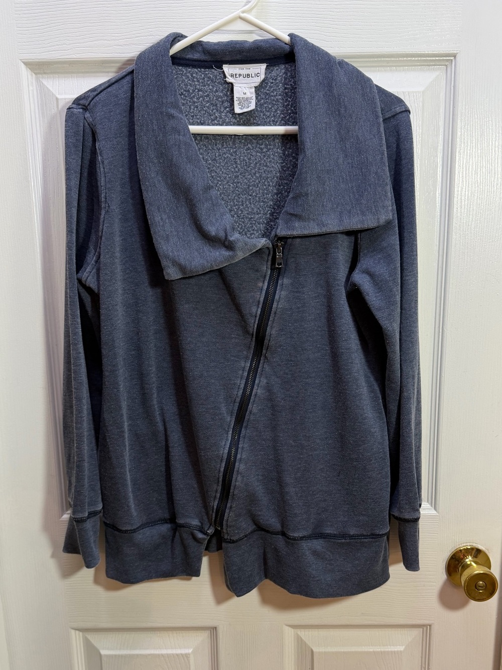 For The Republic Distressed Blue Asymmetrical Zip Sweatshirt Jacket